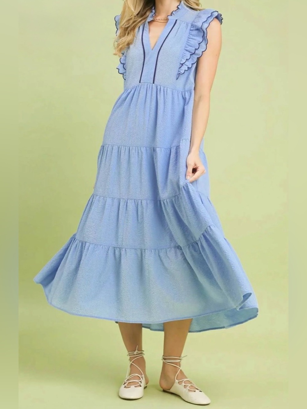 Umgee Light Blue Seersucker Tiered Midi Dress Skirt with Ruffle Trim
